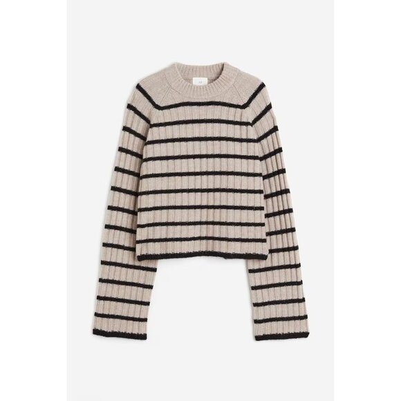H&M Taupe Black Striped Synthetic Wool Blend Knit Crew Neck Sweater, Size S - Picture 1 of 13